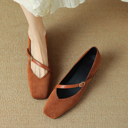 Elegant Mary Jane Shoes for Women with Square Toe Ankle Strap Suede Block Heel Style