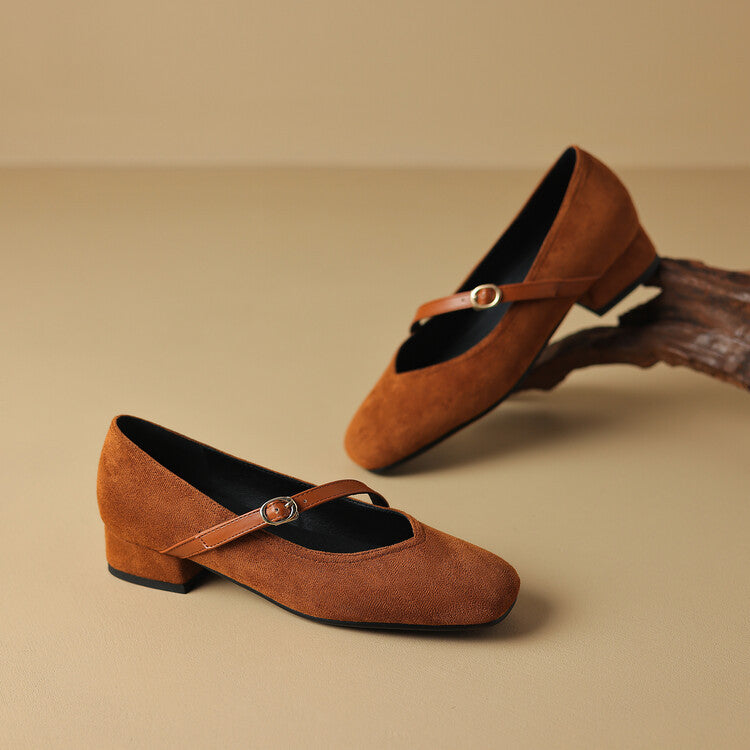Elegant Mary Jane Shoes for Women with Square Toe Ankle Strap Suede Block Heel Style