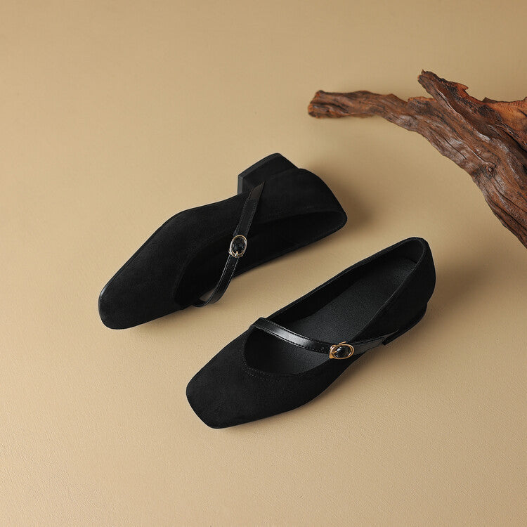 Elegant Mary Jane Shoes for Women with Square Toe Ankle Strap Suede Block Heel Style
