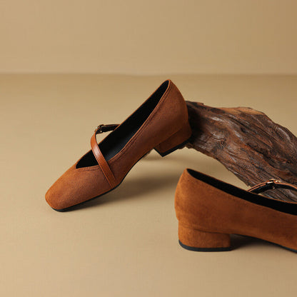 Elegant Mary Jane Shoes for Women with Square Toe Ankle Strap Suede Block Heel Style