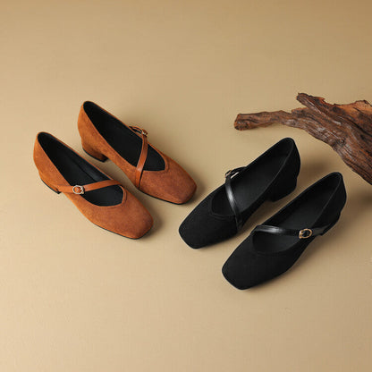 Elegant Mary Jane Shoes for Women with Square Toe Ankle Strap Suede Block Heel Style