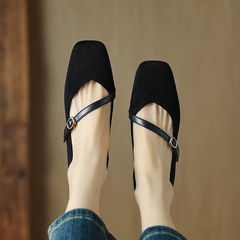 Elegant Mary Jane Shoes for Women with Square Toe Ankle Strap Suede Block Heel Style