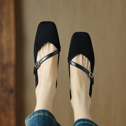 Elegant Mary Jane Shoes for Women with Square Toe Ankle Strap Suede Block Heel Style