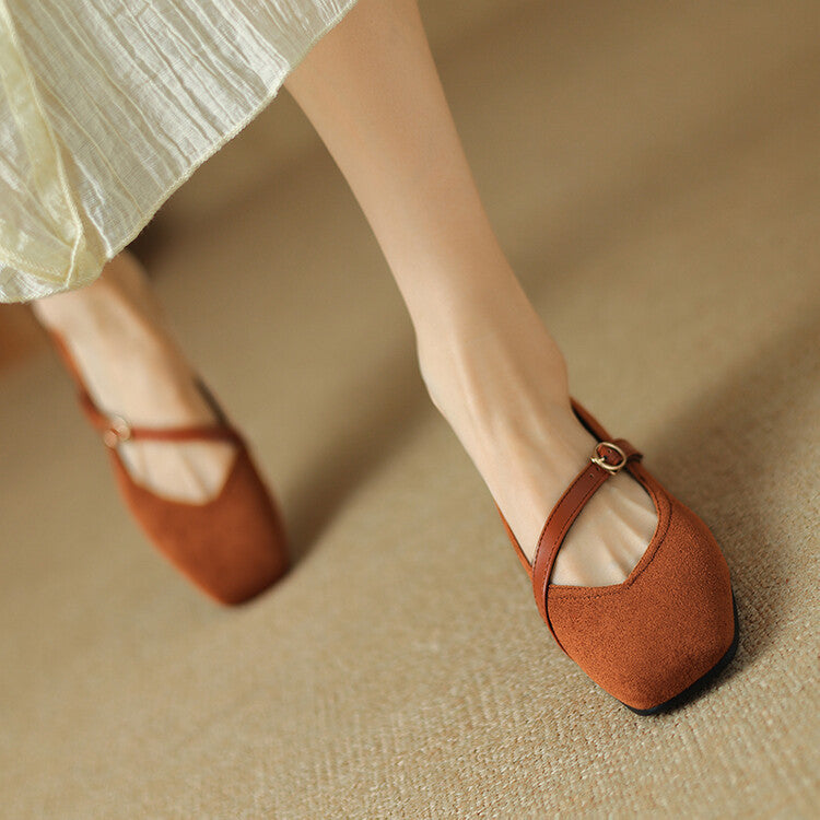 Elegant Mary Jane Shoes for Women with Square Toe Ankle Strap Suede Block Heel Style