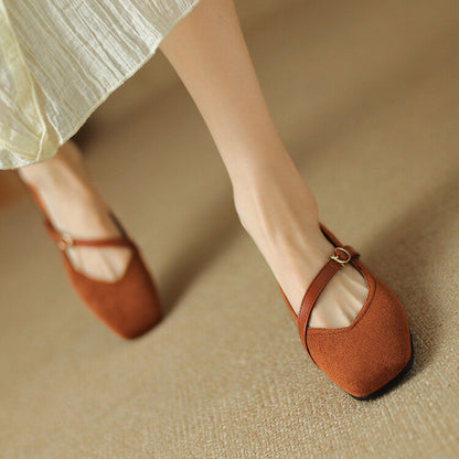 Elegant Mary Jane Shoes for Women with Square Toe Ankle Strap Suede Block Heel Style