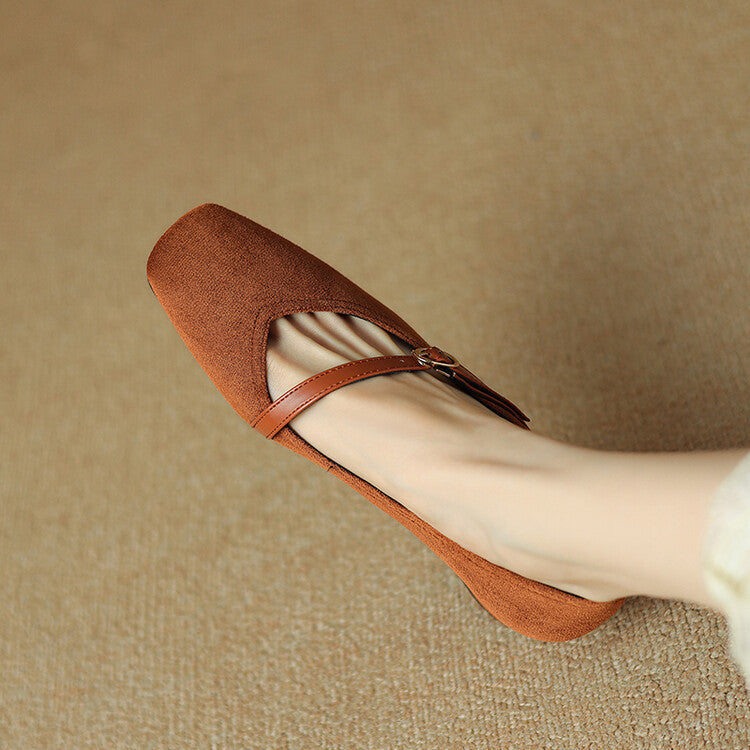 Elegant Mary Jane Shoes for Women with Square Toe Ankle Strap Suede Block Heel Style