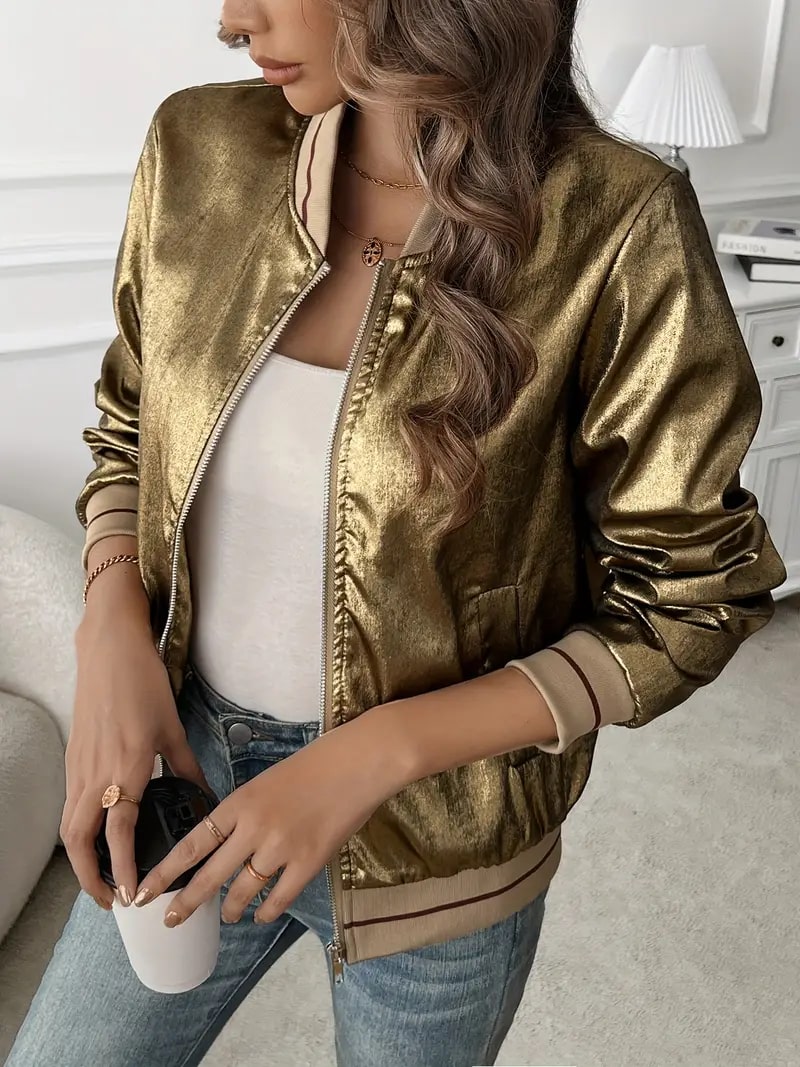Elegant Gold Metallic Bomber Jacket for Women with Ribbed Collar Long Sleeve Zip Front Relaxed Style