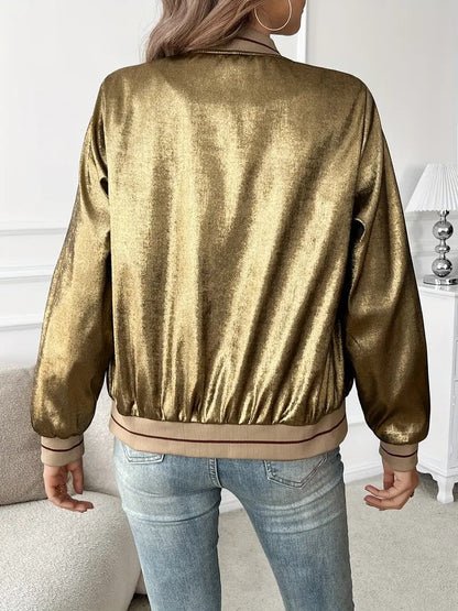 Elegant Gold Metallic Bomber Jacket for Women with Ribbed Collar Long Sleeve Zip Front Relaxed Style