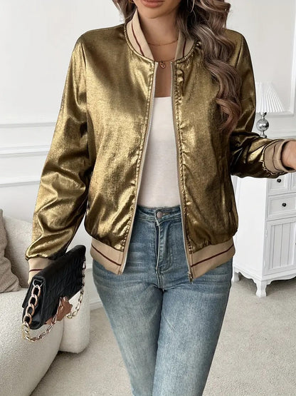 Elegant Gold Metallic Bomber Jacket for Women with Ribbed Collar Long Sleeve Zip Front Relaxed Style