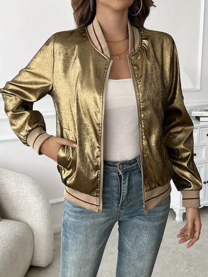 Elegant Gold Metallic Bomber Jacket for Women with Ribbed Collar Long Sleeve Zip Front Relaxed Style