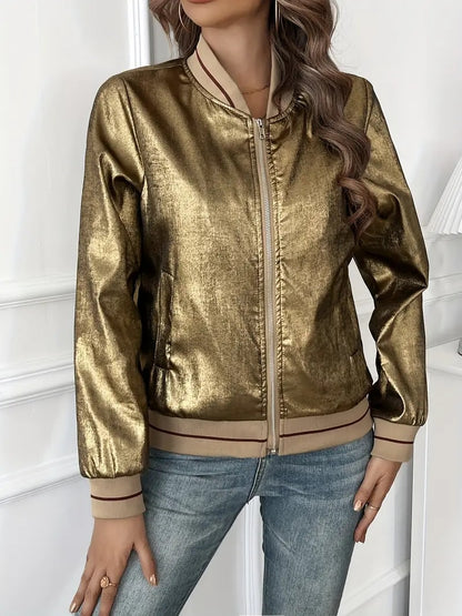 Elegant Gold Metallic Bomber Jacket for Women with Ribbed Collar Long Sleeve Zip Front Relaxed Style
