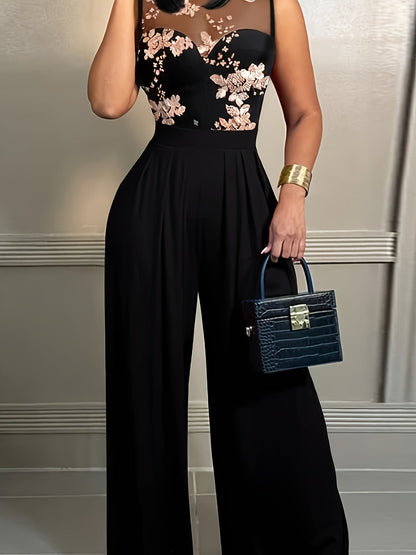 Elegant Black Floral Sequin Jumpsuit for Women with Sweetheart Neckline Sleeveless Mesh Wide Leg Style