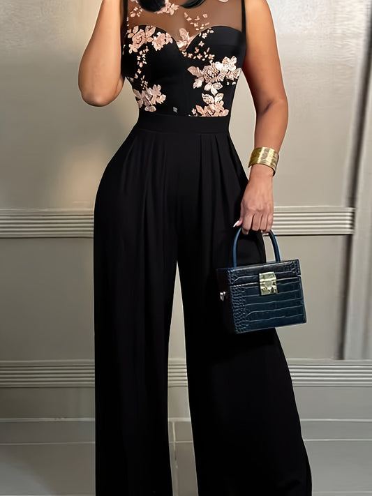 Elegant Black Floral Sequin Jumpsuit for Women with Sweetheart Neckline Sleeveless Mesh Wide Leg Style