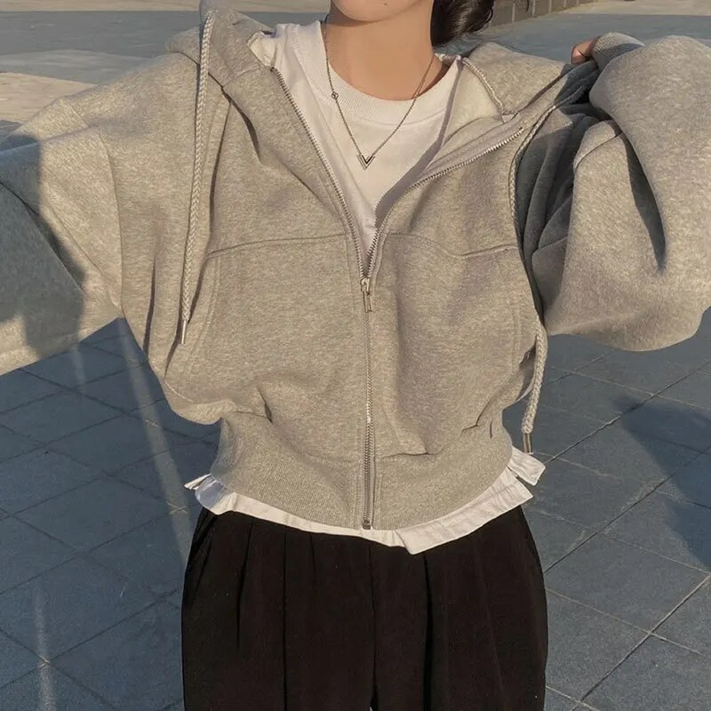 Comfortable Zip Up Hoodie for Women with Drawstring Hood Long Sleeve Cropped Oversized Style