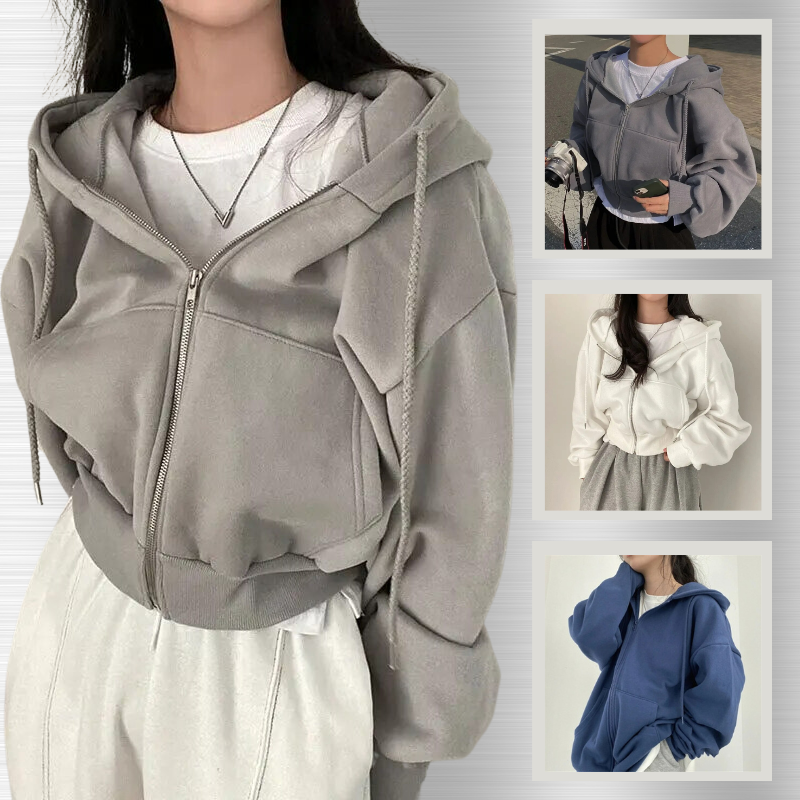 Comfortable Zip Up Hoodie for Women with Drawstring Hood Long Sleeve Cropped Oversized Style