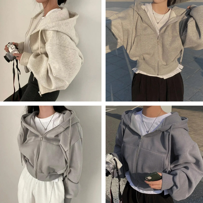 Comfortable Zip Up Hoodie for Women with Drawstring Hood Long Sleeve Cropped Oversized Style