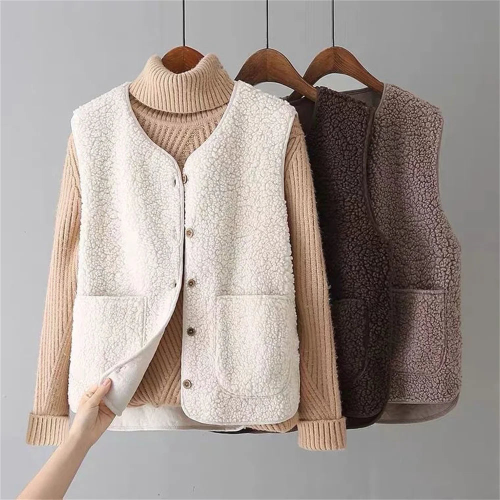 Cozy Fleece Cardigan Vest for Women with Button Front Sherpa Sleeveless Warm Relaxed Style
