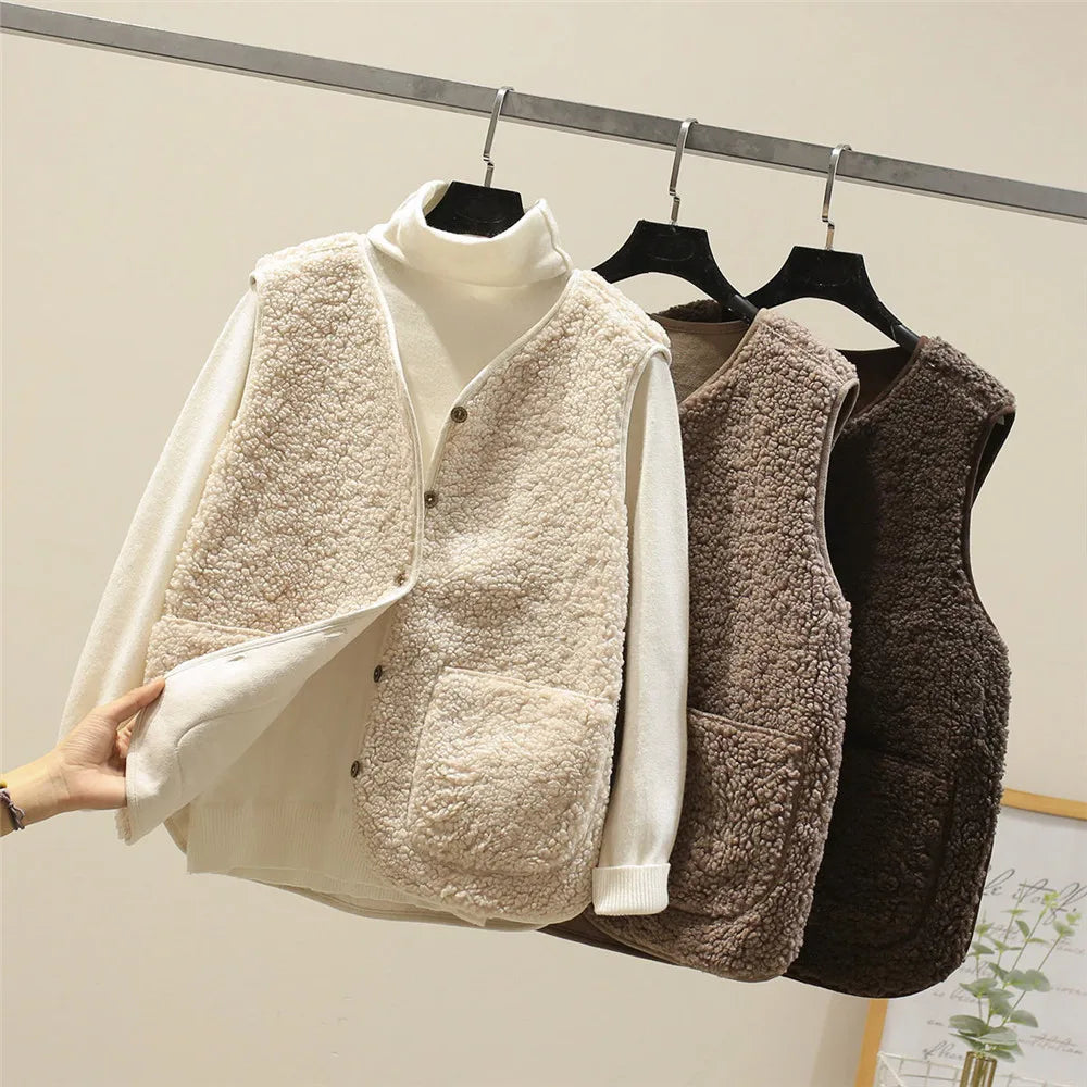 Cozy Fleece Cardigan Vest for Women with Button Front Sherpa Sleeveless Warm Relaxed Style