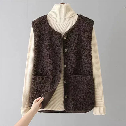 Cozy Fleece Cardigan Vest for Women with Button Front Sherpa Sleeveless Warm Relaxed Style