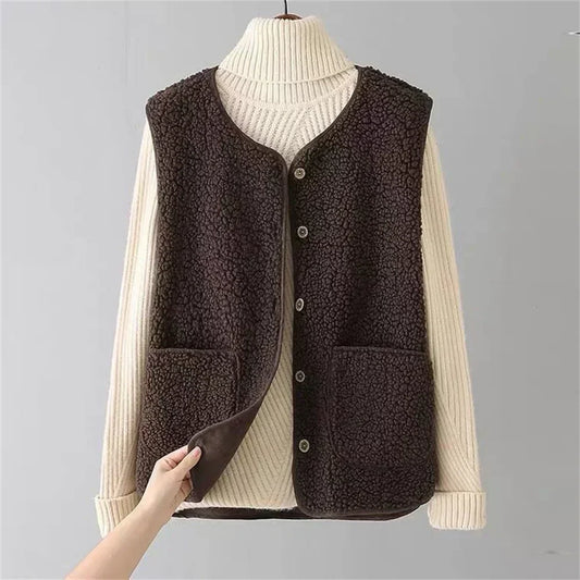 Cozy Fleece Cardigan Vest for Women with Button Front Sherpa Sleeveless Warm Relaxed Style