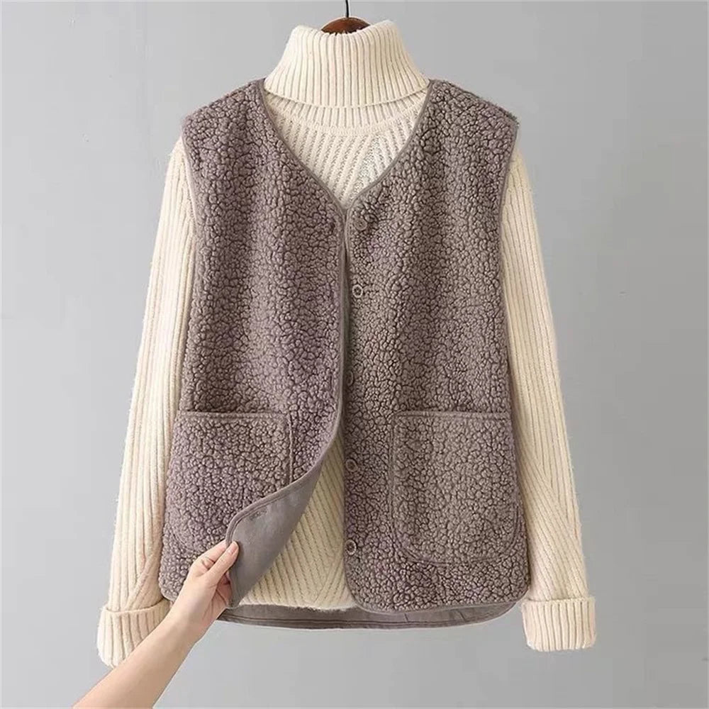 Cozy Fleece Cardigan Vest for Women with Button Front Sherpa Sleeveless Warm Relaxed Style