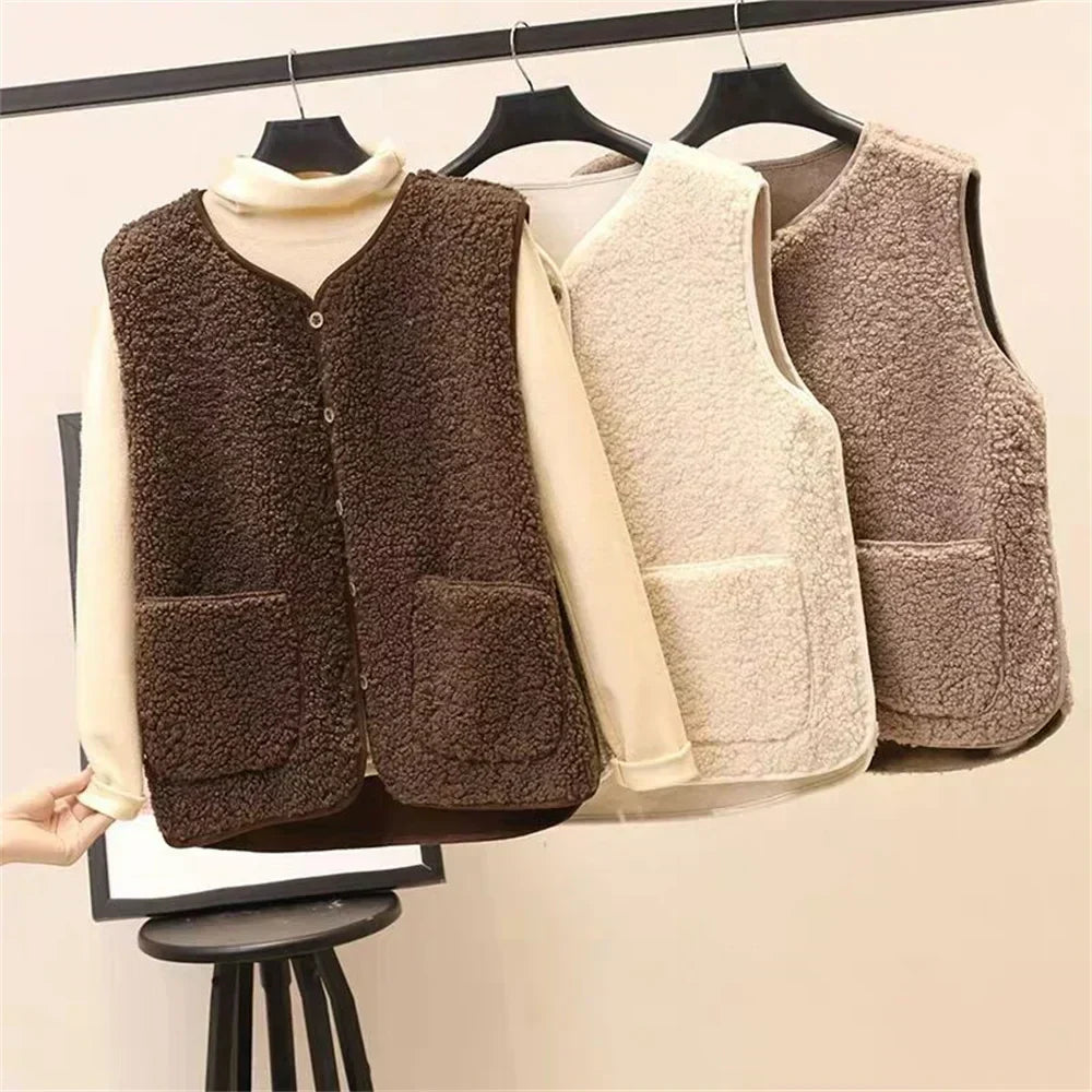 Cozy Fleece Cardigan Vest for Women with Button Front Sherpa Sleeveless Warm Relaxed Style