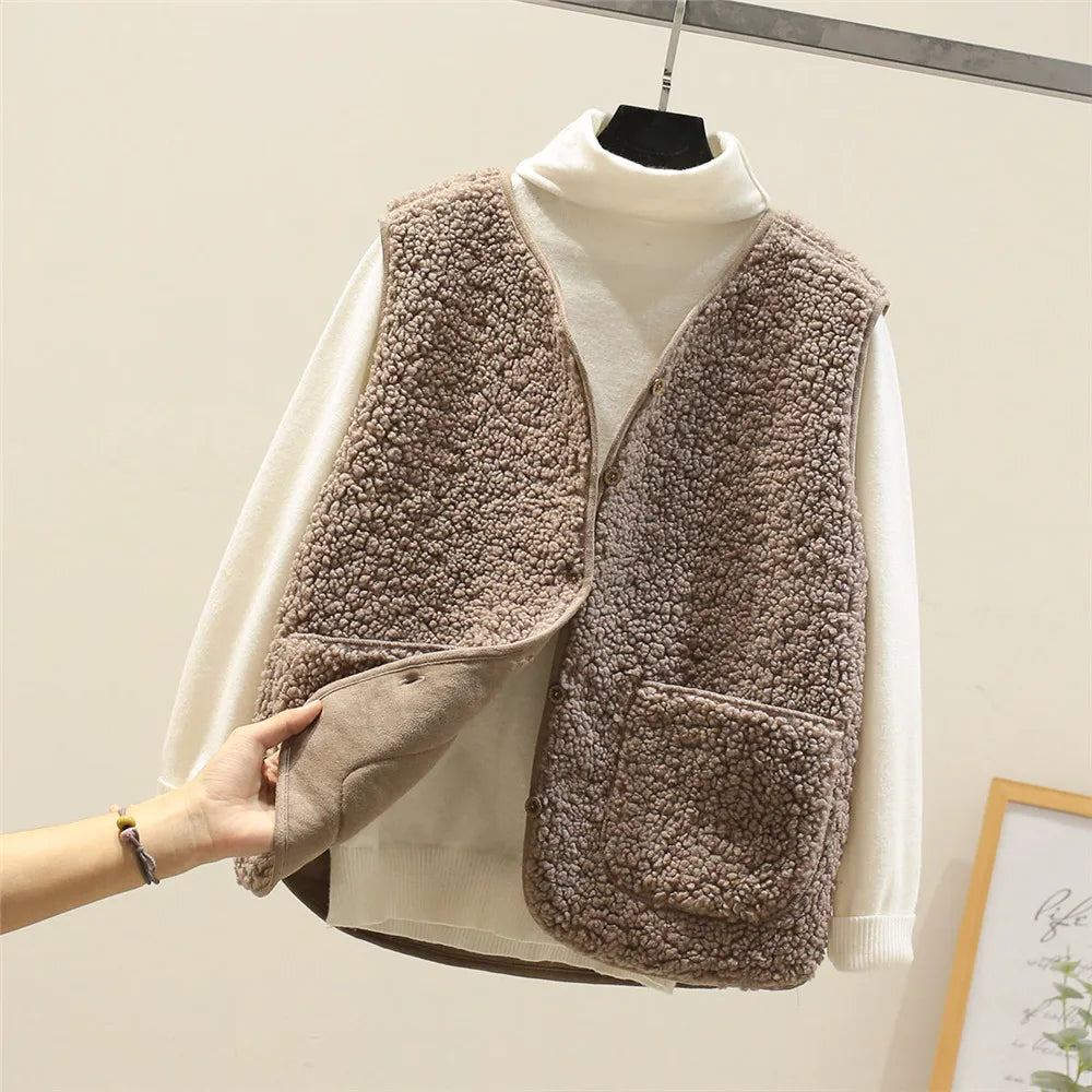 Cozy Fleece Cardigan Vest for Women with Button Front Sherpa Sleeveless Warm Relaxed Style