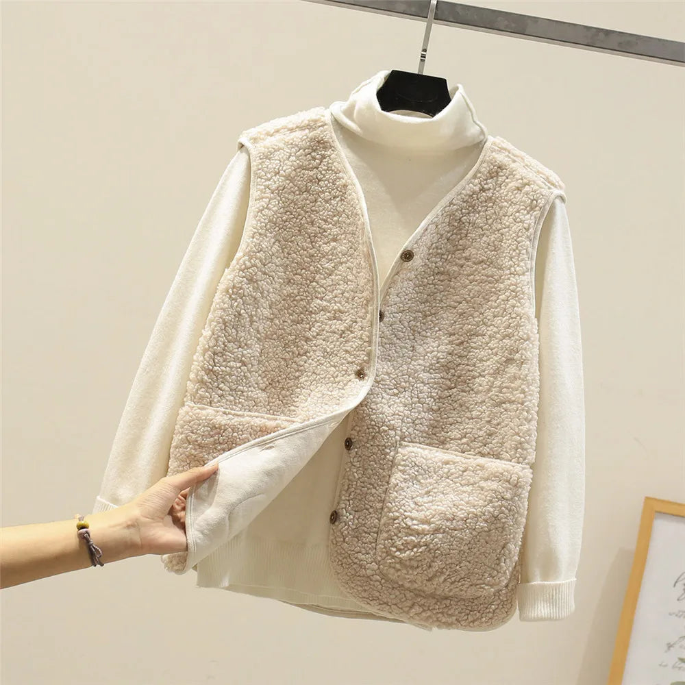 Cozy Fleece Cardigan Vest for Women with Button Front Sherpa Sleeveless Warm Relaxed Style