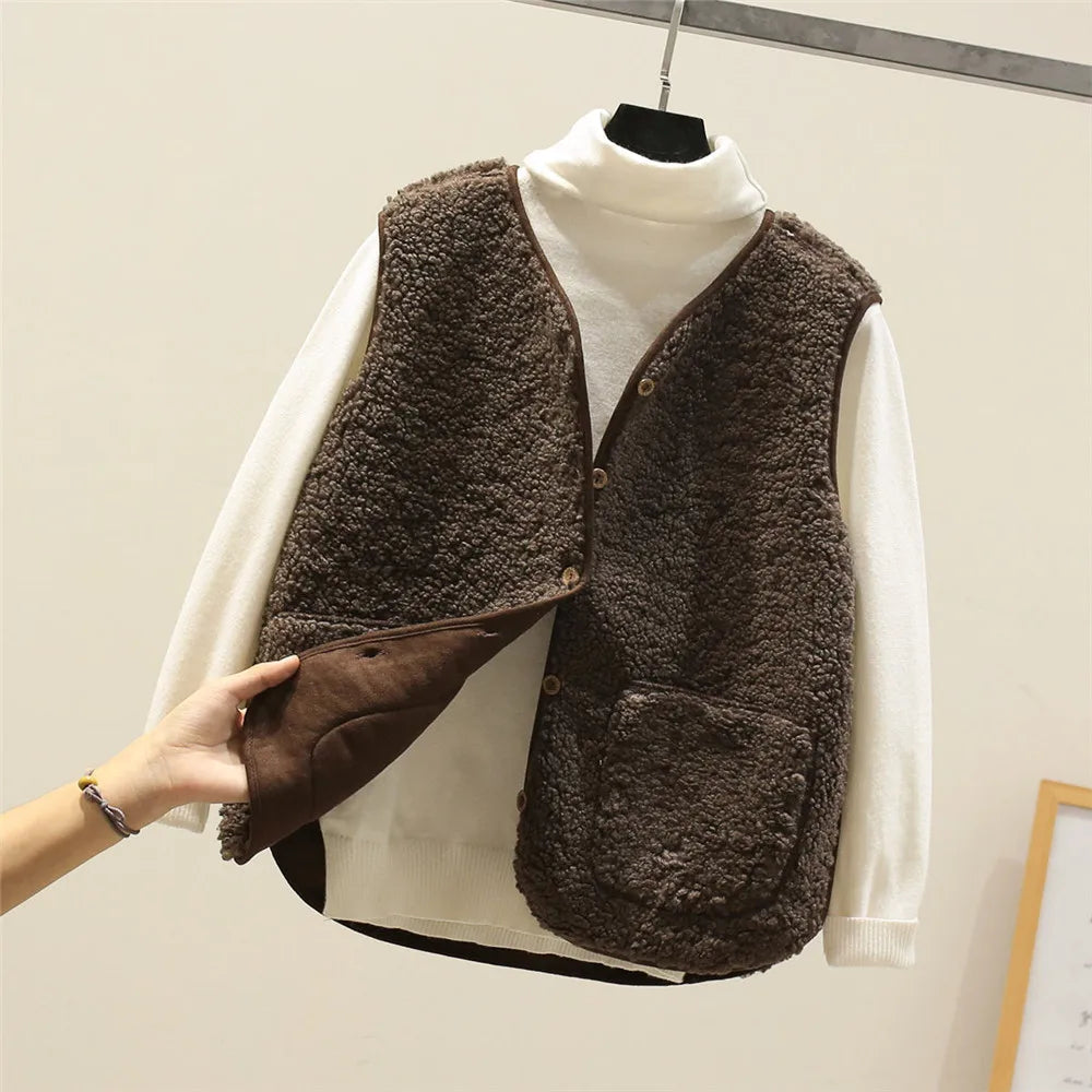 Cozy Fleece Cardigan Vest for Women with Button Front Sherpa Sleeveless Warm Relaxed Style
