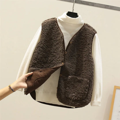 Cozy Fleece Cardigan Vest for Women with Button Front Sherpa Sleeveless Warm Relaxed Style