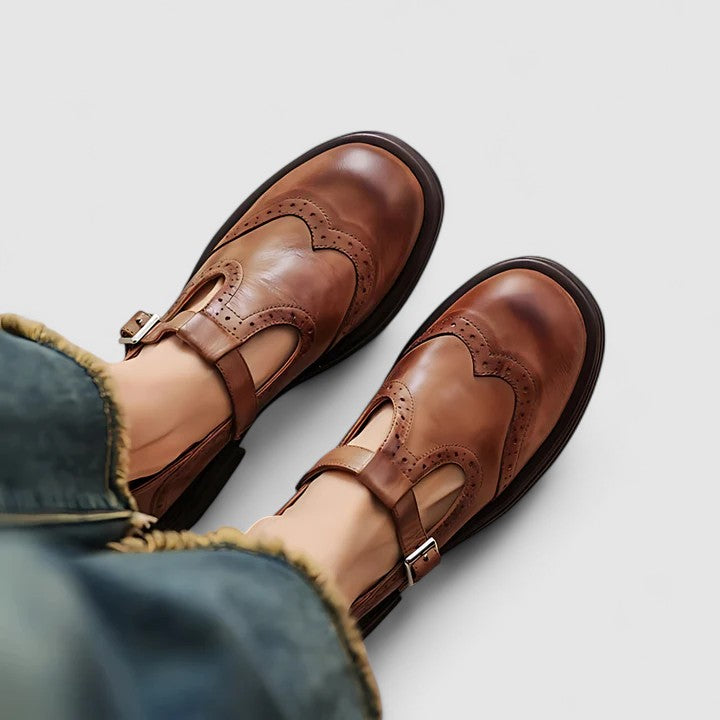 Comfortable Mary Jane Shoes for Women with Round Toe T Strap Brogue Non Slip Flat Style