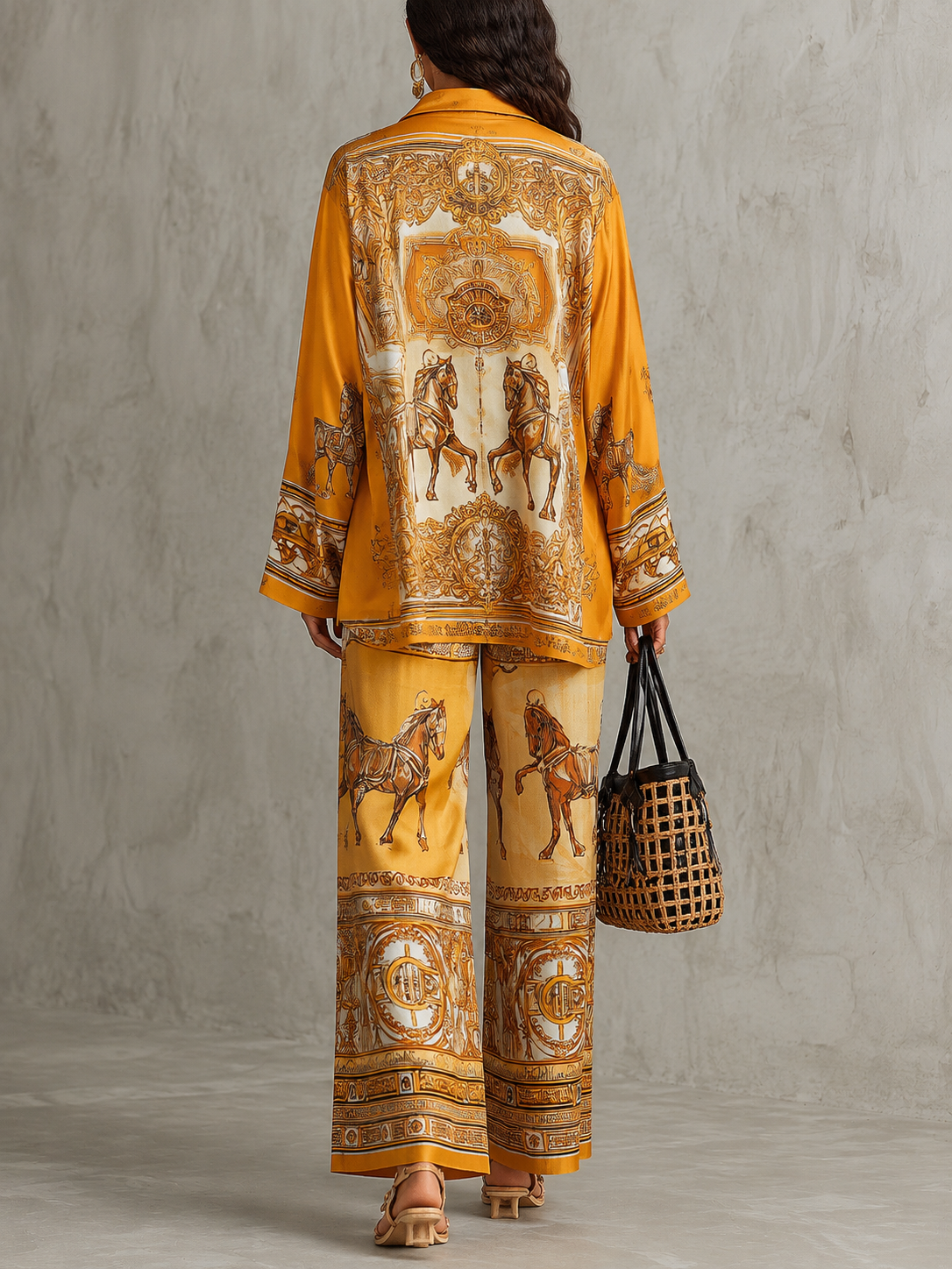 Elegant Orange Baroque Print Palazzo Pants Set for Women with Collar Long Sleeve Shirt Wide Leg Two Piece Style