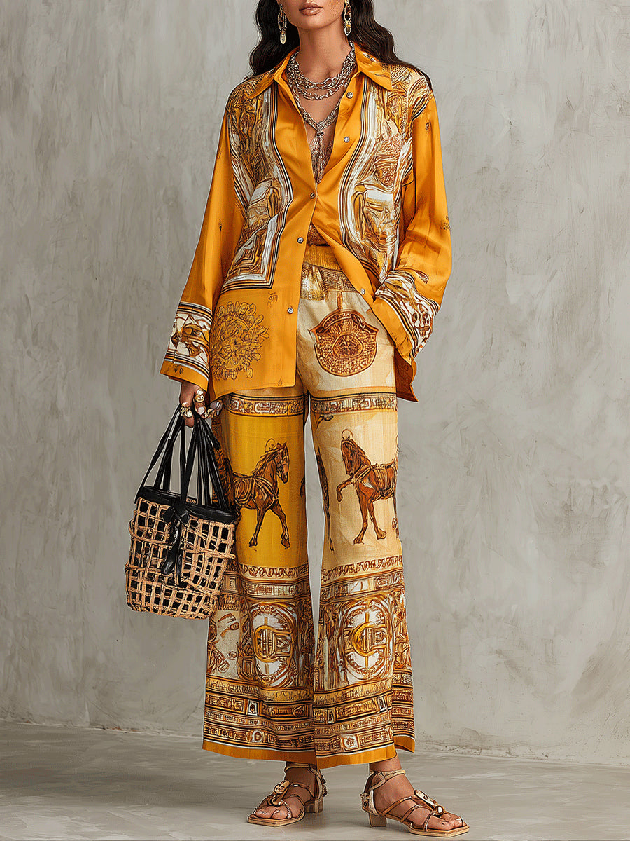 Elegant Orange Baroque Print Palazzo Pants Set for Women with Collar Long Sleeve Shirt Wide Leg Two Piece Style
