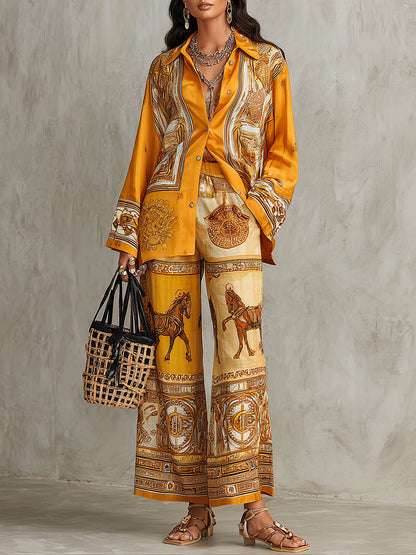 Elegant Orange Baroque Print Palazzo Pants Set for Women with Collar Long Sleeve Shirt Wide Leg Two Piece Style