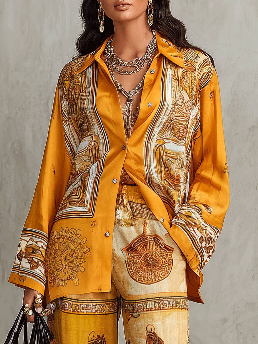 Elegant Orange Baroque Print Palazzo Pants Set for Women with Collar Long Sleeve Shirt Wide Leg Two Piece Style