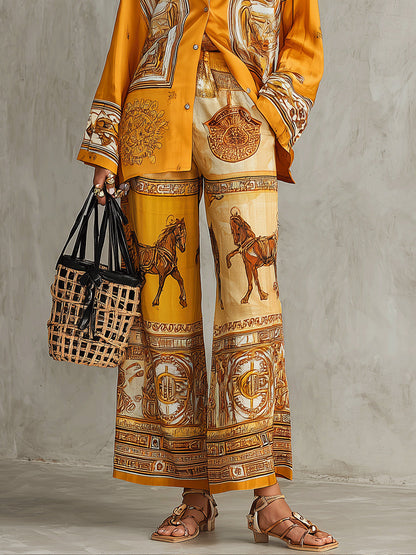 Elegant Orange Baroque Print Palazzo Pants Set for Women with Collar Long Sleeve Shirt Wide Leg Two Piece Style