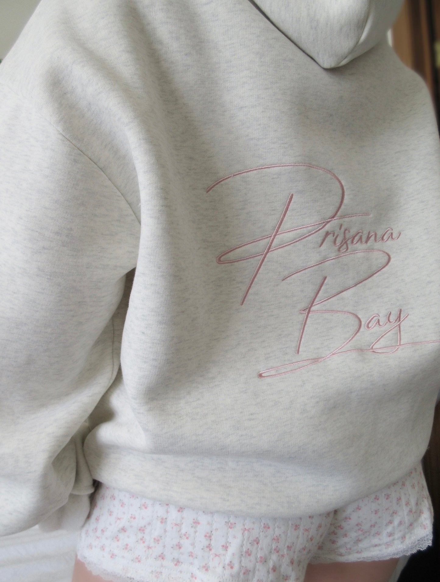 Comfortable Heather Gray Embroidered Bow Hoodie for Women with Hooded Long Sleeve Floral Lined Oversized Knit Style