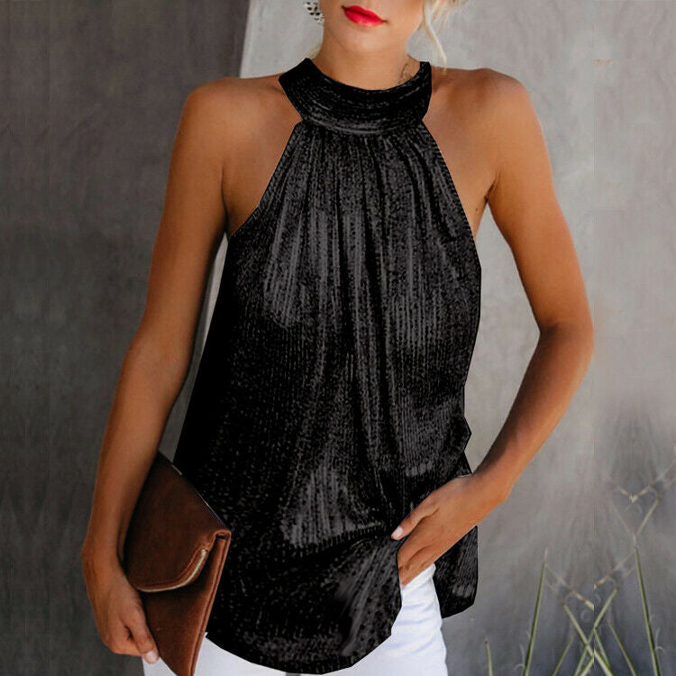 Elegant Metallic Ribbed Halter Top for Women with High Neck Sleeveless Pleated Flowing Style