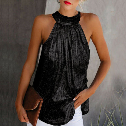 Elegant Metallic Ribbed Halter Top for Women with High Neck Sleeveless Pleated Flowing Style