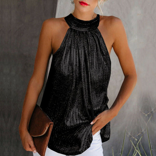 Effortless Pleated Metallic Going Out Top for Women with Halter Neck Ruched Relaxed Flowing Style