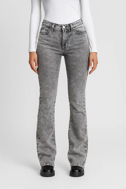 Effortless Gray Acid Wash Bootcut Jeans for Women with High Waisted Five Pocket Relaxed Style