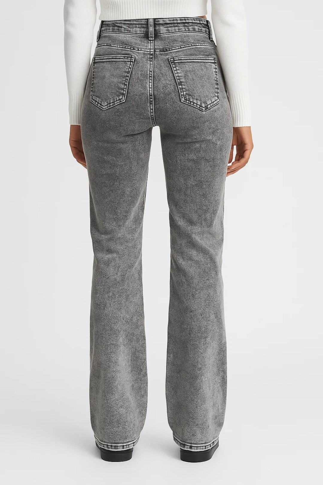 Effortless Gray Acid Wash Bootcut Jeans for Women with High Waisted Five Pocket Relaxed Style