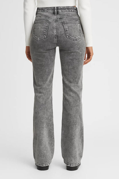 Effortless Gray Acid Wash Bootcut Jeans for Women with High Waisted Five Pocket Relaxed Style