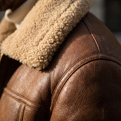 Cozy Faux Leather Shearling Aviator Jacket for Men with Fur Collar Long Sleeve Zip Belted Winter Style