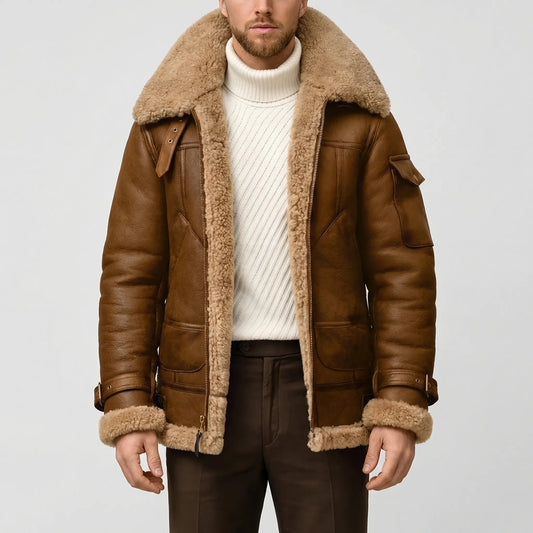 Cozy Faux Leather Shearling Aviator Jacket for Men with Fur Collar Long Sleeve Zip Belted Winter Style