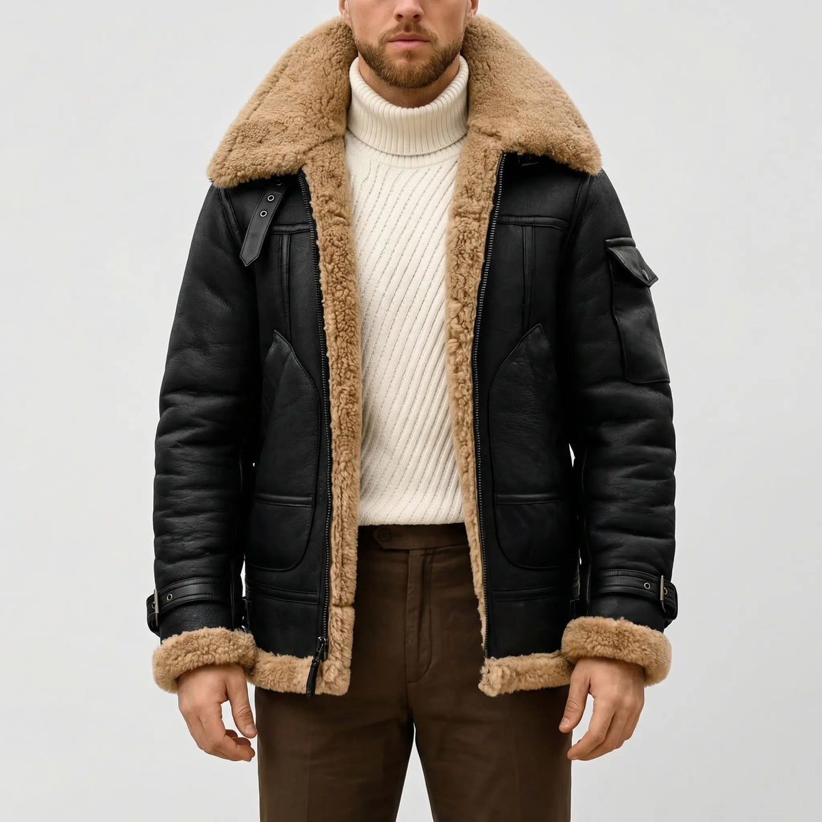 Cozy Faux Leather Shearling Aviator Jacket for Men with Fur Collar Long Sleeve Zip Belted Winter Style