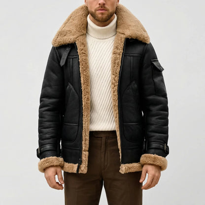 Cozy Faux Leather Shearling Aviator Jacket for Men with Fur Collar Long Sleeve Zip Belted Winter Style