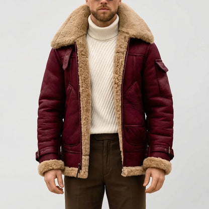 Warm Aviator Jacket for Men with Fur Collar Long Sleeve Zip Up Faux Shearling Moto Style