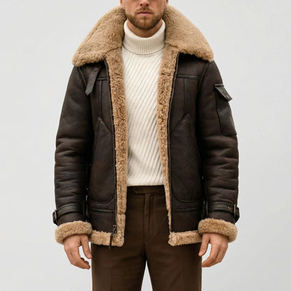 Cozy Faux Leather Shearling Aviator Jacket for Men with Fur Collar Long Sleeve Zip Belted Winter Style