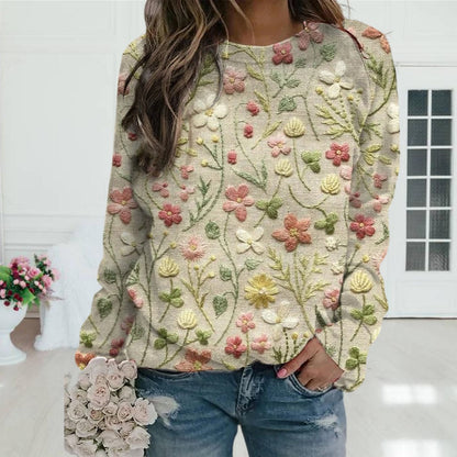 Comfortable Floral Embroidered Sweater for Women with Round Neck Long Sleeve Relaxed Oversized Knit Style